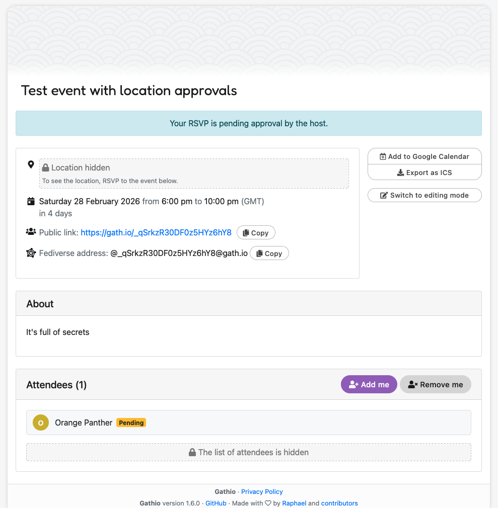 The event page after RSVPing, showing a pending approval banner