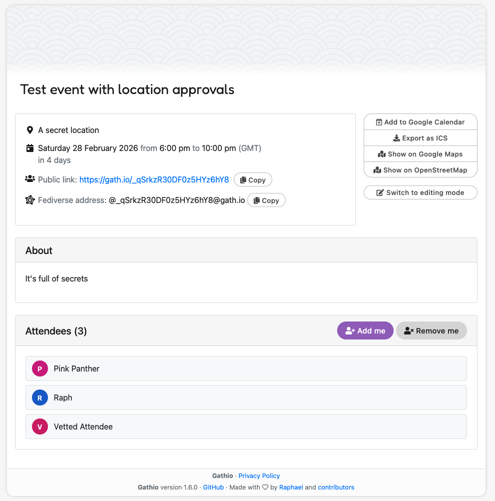 The event page as seen by an approved attendee, with the location now visible