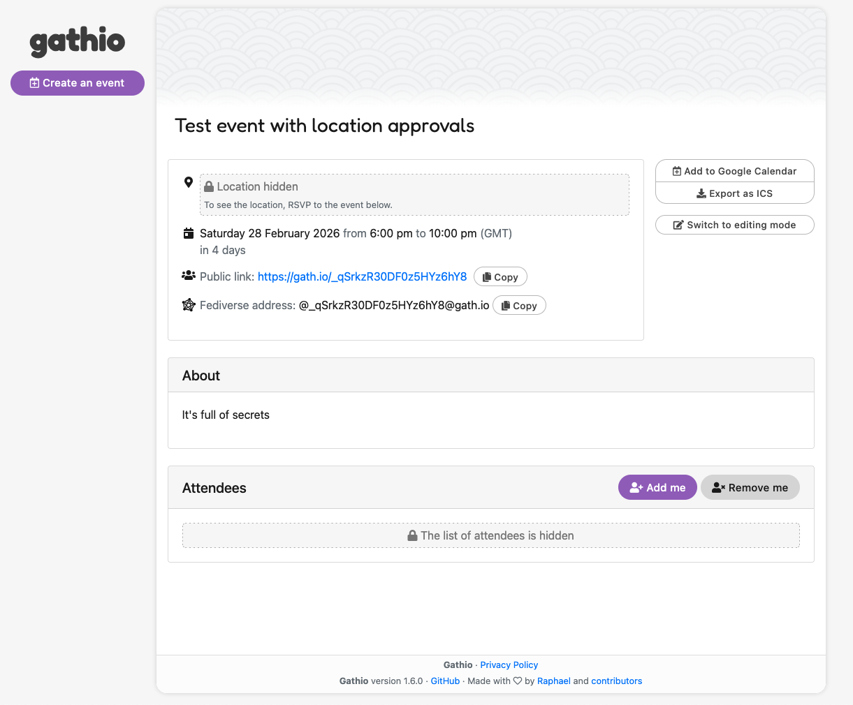An event page with the location hidden and a prompt to RSVP