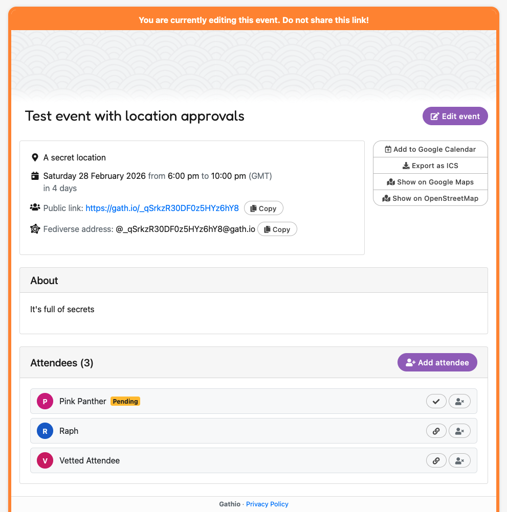 The host's attendee management interface showing pending and approved attendees