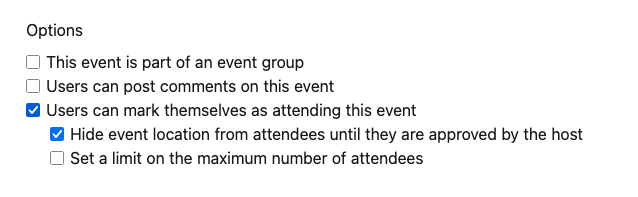 The event options panel showing the attendee approval checkbox